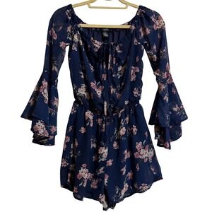 Rue21 Navy Floral Bell Sleeve Off Shoulder Romper Size S‎